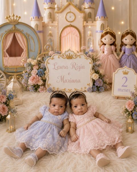 Ensaio de mesversário de 2 meses de gêmeas com tema de princesa