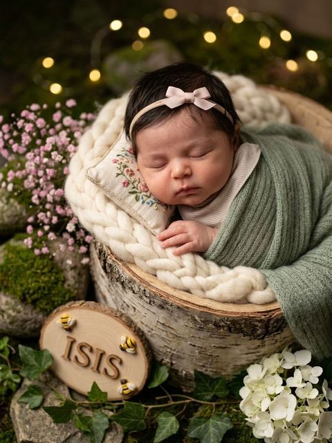 Ensaio newborn com bebê dormindo em tronco, flores e luzinhas